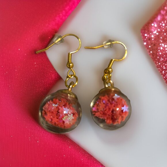 Bright Red/Orange Stars Globe Earrings - Picture 2 of 4